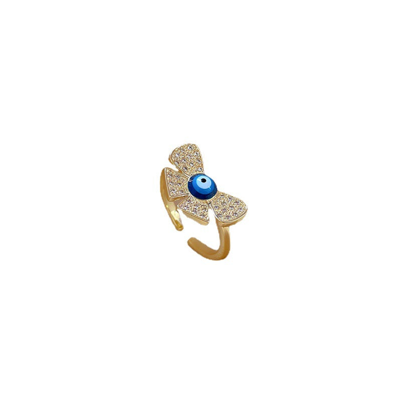 Anello da donna in ottone con zirconi a farfalla in stile cartoon, finitura galvanica, fascia regolabile, stile minimalista giapponese