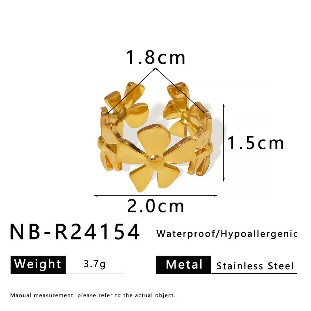 Anello regolabile in acciaio inossidabile lucido con motivo floreale minimalista e design ovale geometrico, per donna e uomo