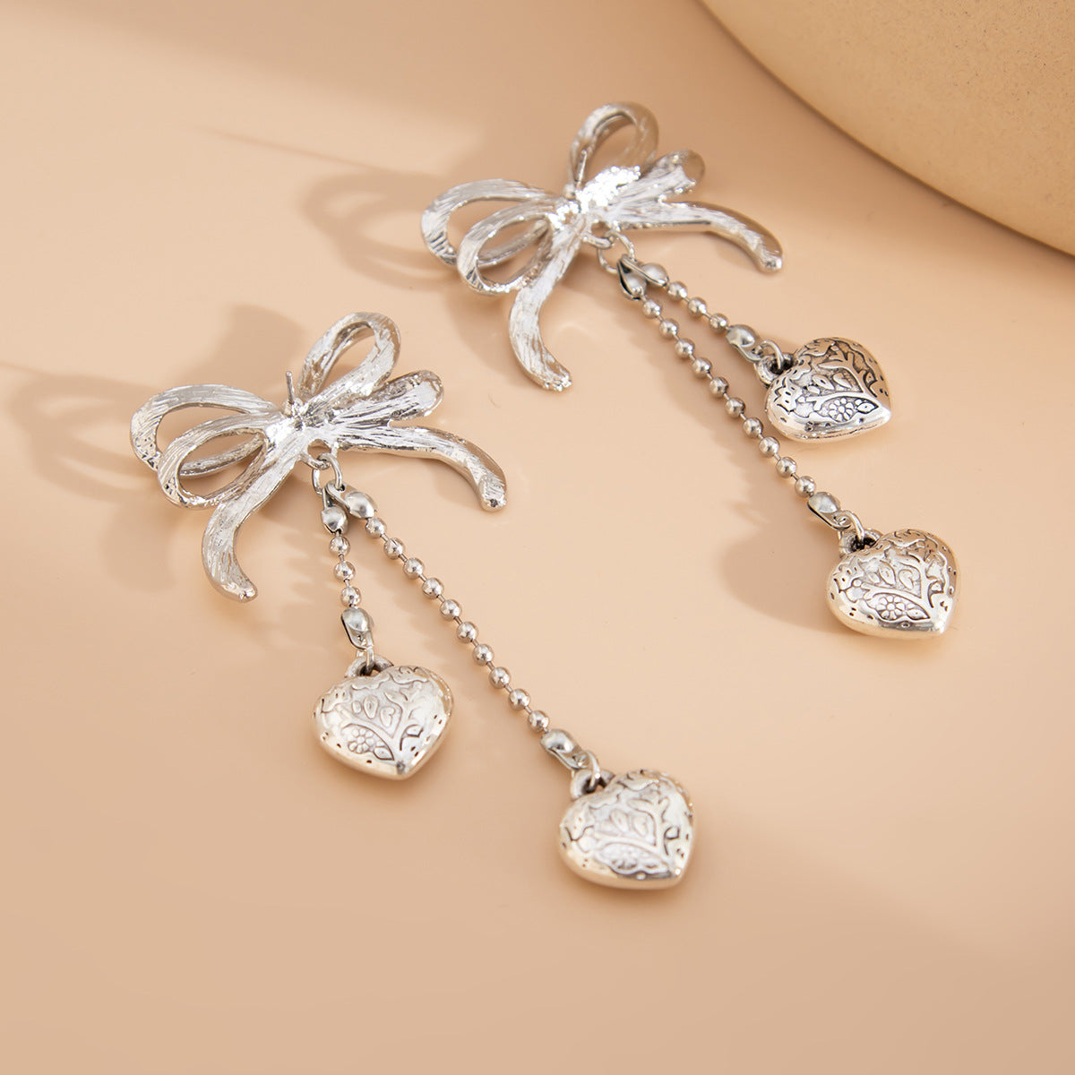 Elegant Heart Bow Alloy Ball Chain Tassel Earrings for Women