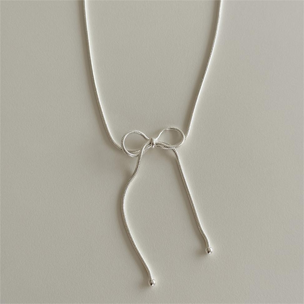Minimalist Bowknot Butterfly Necklace in 925 Sterling Silver with Snake Chain, Floral Tulip Accent, Lightweight Geometric Design for Women
