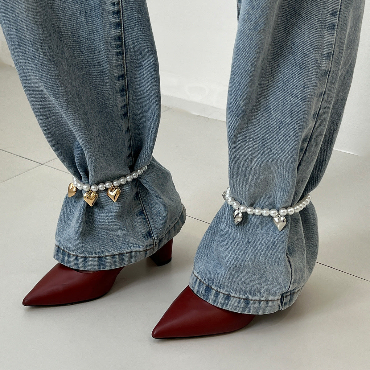 Tobillera minimalista con forma de corazón y cuentas de perlas de imitación para mujer