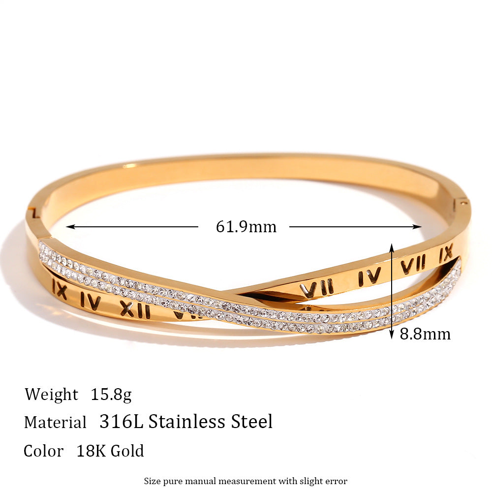 Minimalist Geometric Stainless Steel Plated 18K Gold Cross-Set Rhinestone Bracelet for Women