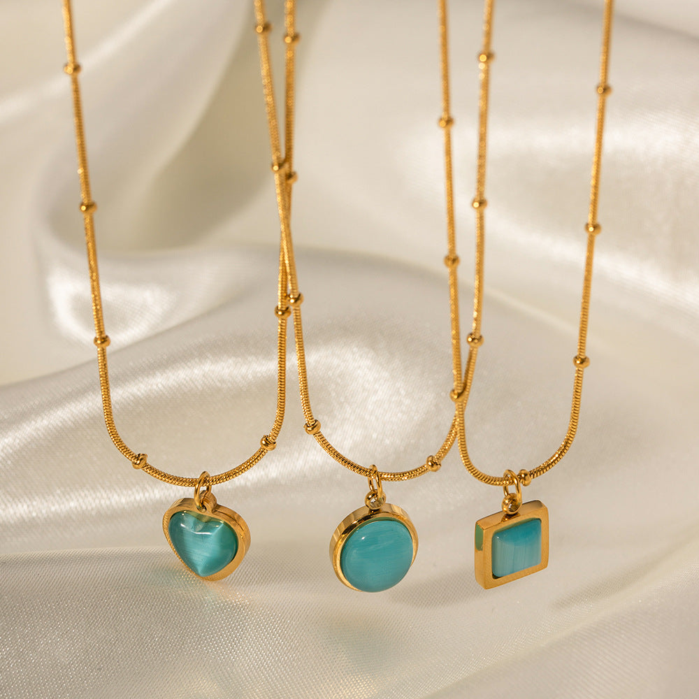 Collana pendente quadrata minimalista in acciaio inossidabile con pietra occhio di gatto blu, finitura galvanizzata per donna