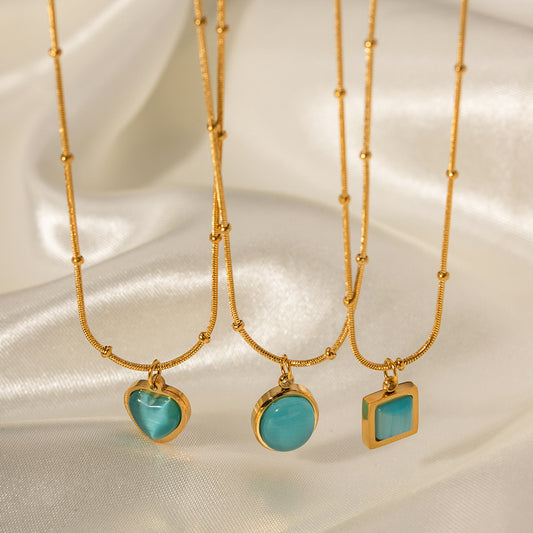 Collana pendente quadrata minimalista in acciaio inossidabile con pietra occhio di gatto blu, finitura galvanizzata per donna