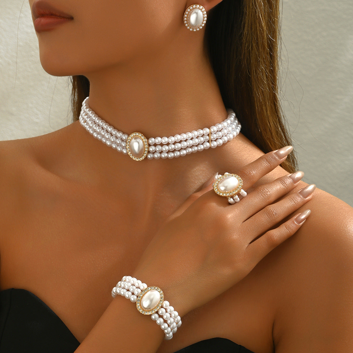 Geometric Style Alloy Necklace Earrings Bracelet Set with Rhinestone Inlay and Pearl Chain for Women