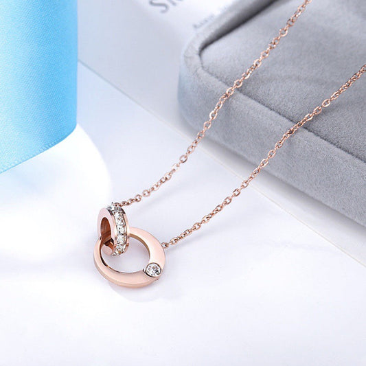 Collar Minimalista de Doble Anillo de Acero de Titanio en Forma de Luna para Mujer con Circonia Micro-Pavé, Cadena O Estilo Serpiente Hipoalergénica, Elegante Cadena para Clavícula