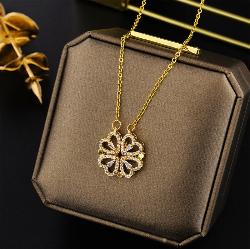 Dainty Heart-Shaped Titanium Steel Necklace with Gold Plating for Women, Four-Leaf Clover Pendant, Water Wave Chain, Elegant Clavicle Jewelry Gift