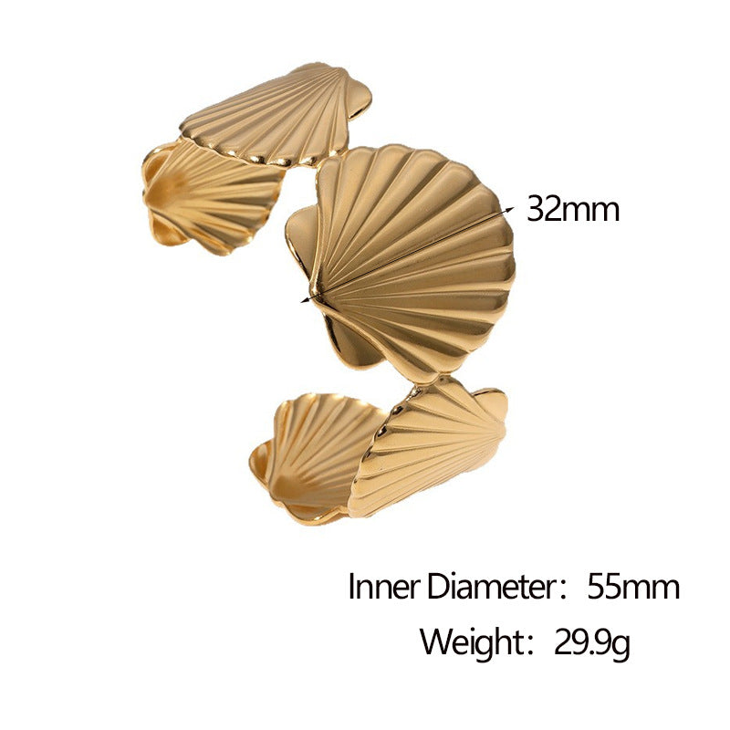 Minimalist Stainless Steel Wide Scallop Open Cuff Bracelet for Women