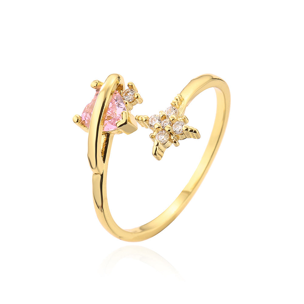 Anello Aperto Geometrico Minimalista da Donna Realizzato in Ottone con Placcatura in Oro 18K e Intarsio in Zirconi