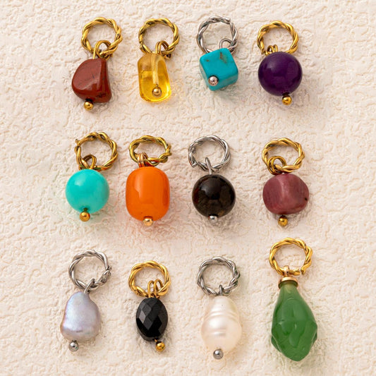 Vintage Stainless Steel 18K Gold PVD Plated Round Birthstone Charm Bar Pendant