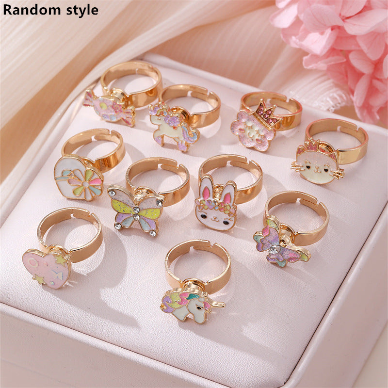 Juego de anillos de esmalte con colgante de personaje de dibujos animados para niñas, anillos de aleación estilo princesa con diseño de Anna