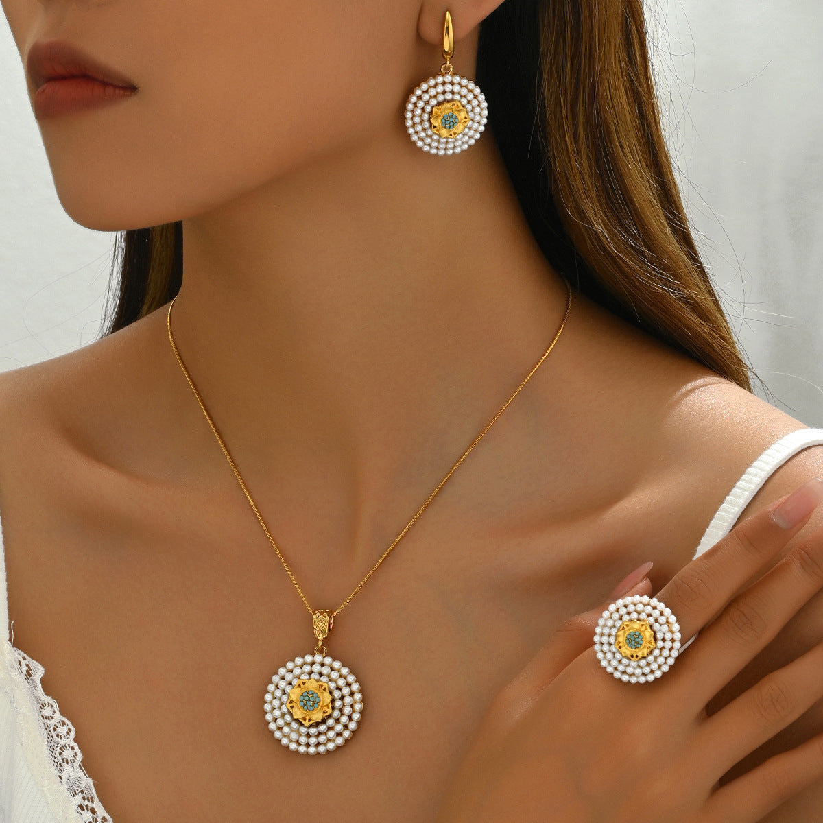 Juego de Collar, Anillo y Pendientes de Aleación Geométrica Minimalista con Incrustaciones de Perlas para Mujer