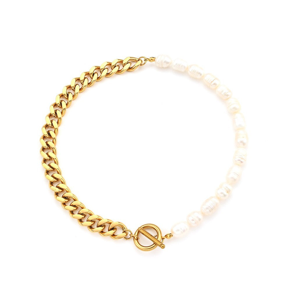 Minimalist Geometric Pearl Pendant Necklace and Bracelet Set in Titanium Steel with Plated Finish for Women