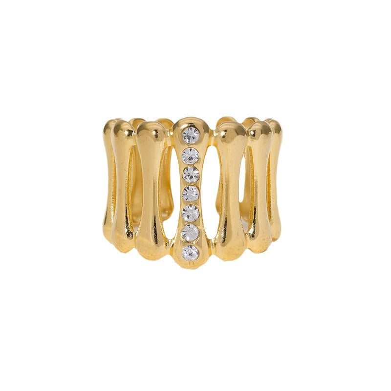 Minimalist Geometric Stainless Steel Open Ring for Women with 18K Gold Plating and Rhinestone Inlay