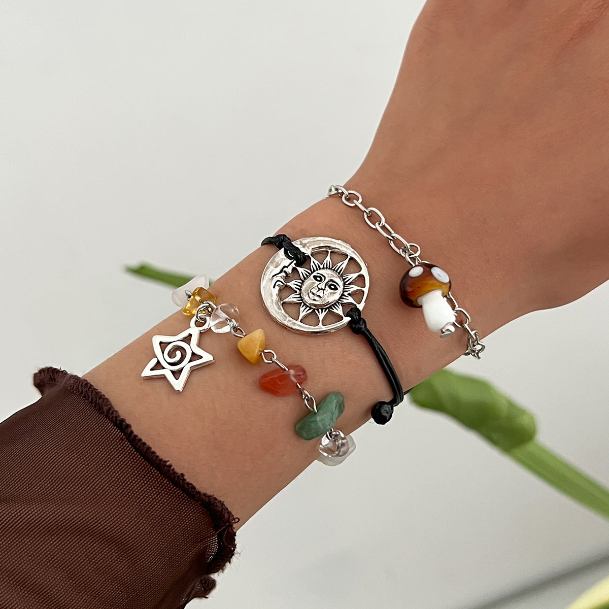 Vintage Ethnic Star-Shaped Alloy Bracelet for Women with Butterfly Mushroom and Botanical Motifs Natural Sun and Star Accents Handmade