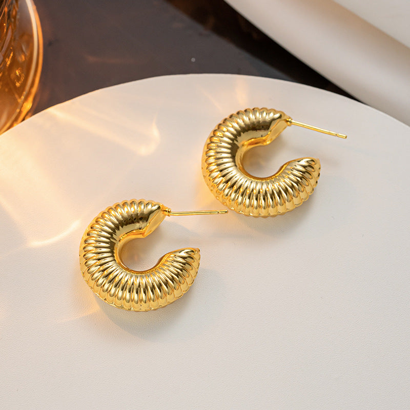 Vintage Geometric Hollow Threaded Titanium Steel Earrings for Women with Vacuum Plating Finish