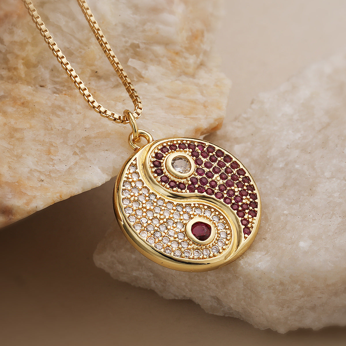 Minimalist Elegant 18K Gold Plated Brass Geometric Cubic Zirconia Inlay Tai Chi Bagua Pendant Necklace for Women