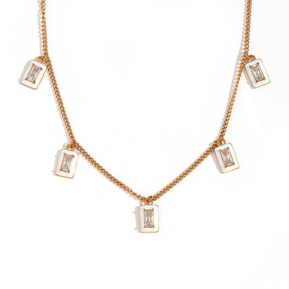 Fashionable Geometric Rectangular Stainless Steel Gold-Plated Pendant Necklace with Zircon Inlay and Enamel Finish for Women