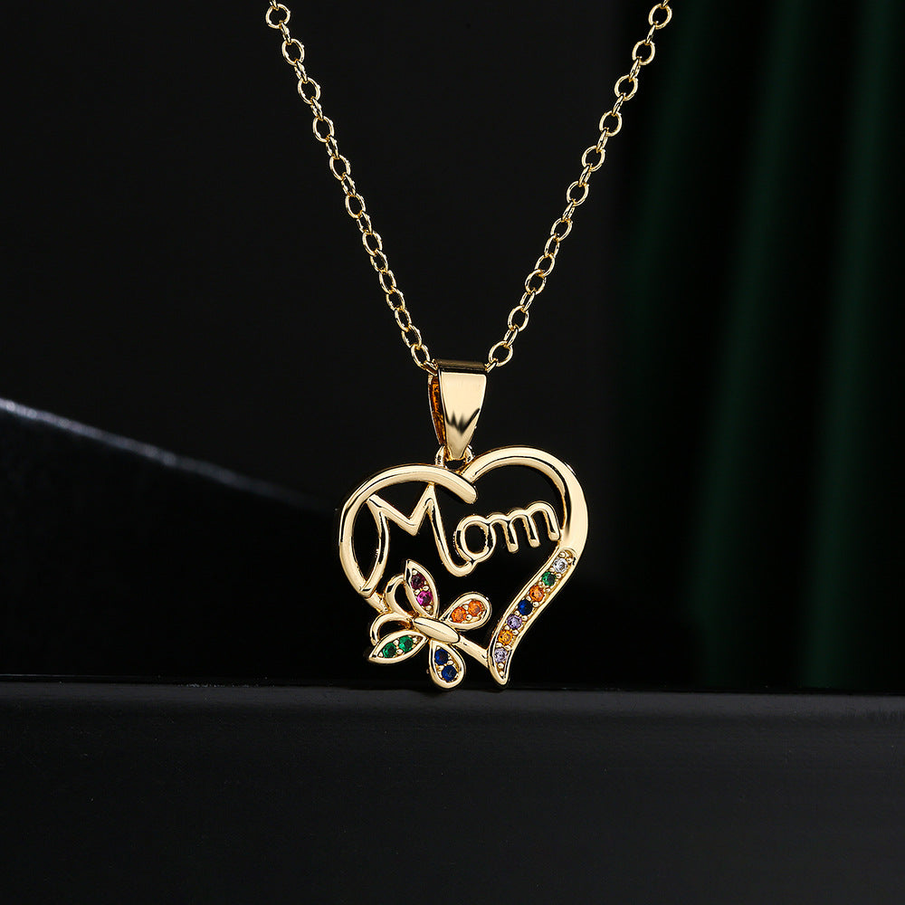 Geometric MOM Pendant Necklace in Copper with Micro-Pave Zirconia and 18K Gold Plating for Women