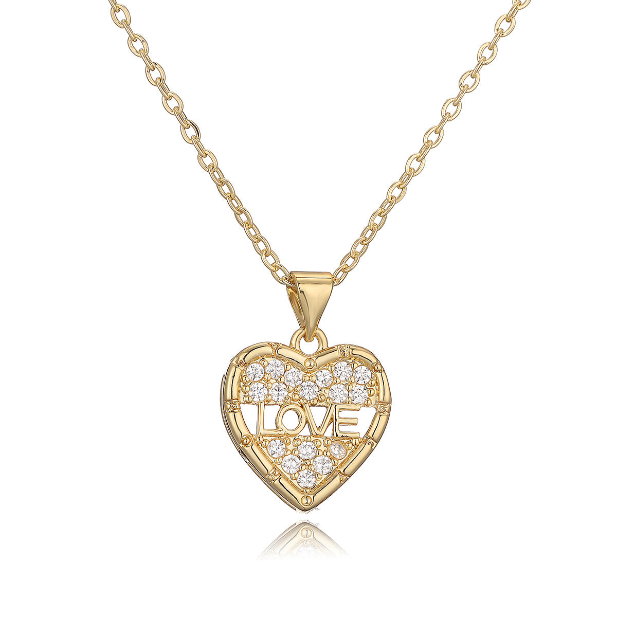 Minimalist LOVE Heart Pendant Necklace for Women in Copper with 18K Gold Plating and Zircon Inlay