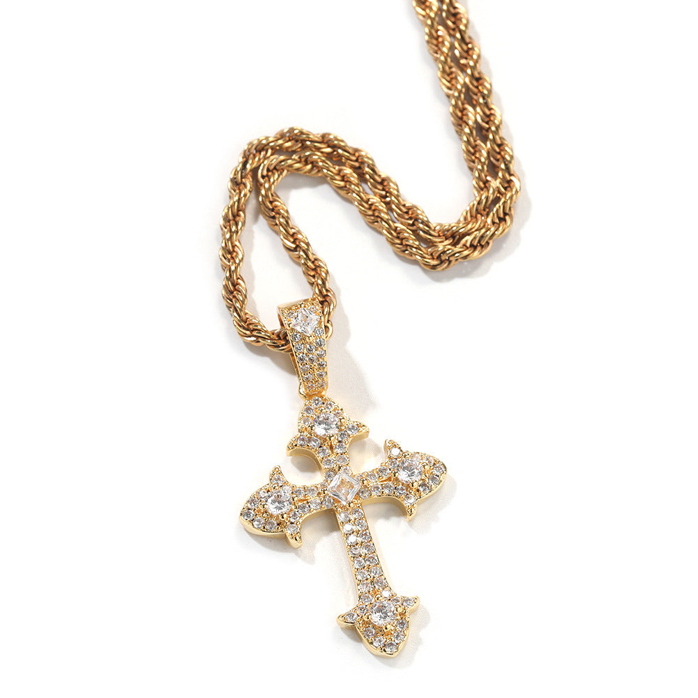Collar de latón con incrustaciones de circonita cúbica en forma de cruz geométrica estilo Hip-hop para hombre