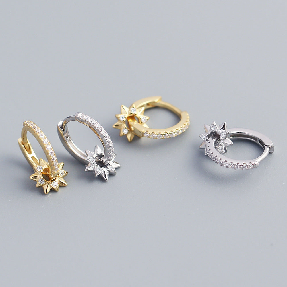 Elegant Minimalist 925 Sterling Silver Star Hoop Earrings with Rhinestone Inlay Rotating Design