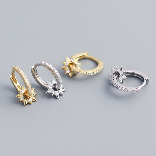 Eleganti Orecchini a Cerchio Minimalisti a Stella in Argento Sterling 925 con Intarsi di Strass e Design Rotante