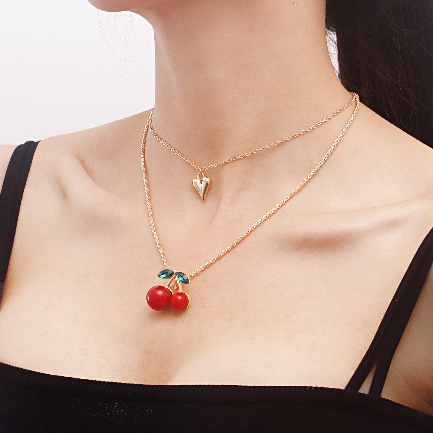 Exaggerated Red Cherry Multi-Layer Heart-Shaped Alloy Pendant Necklace for Women with Plated Finish