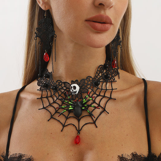 Dark Gothic Halloween Skull and Spider Web Lace Necklace Set with Rhinestone Pendant for Women