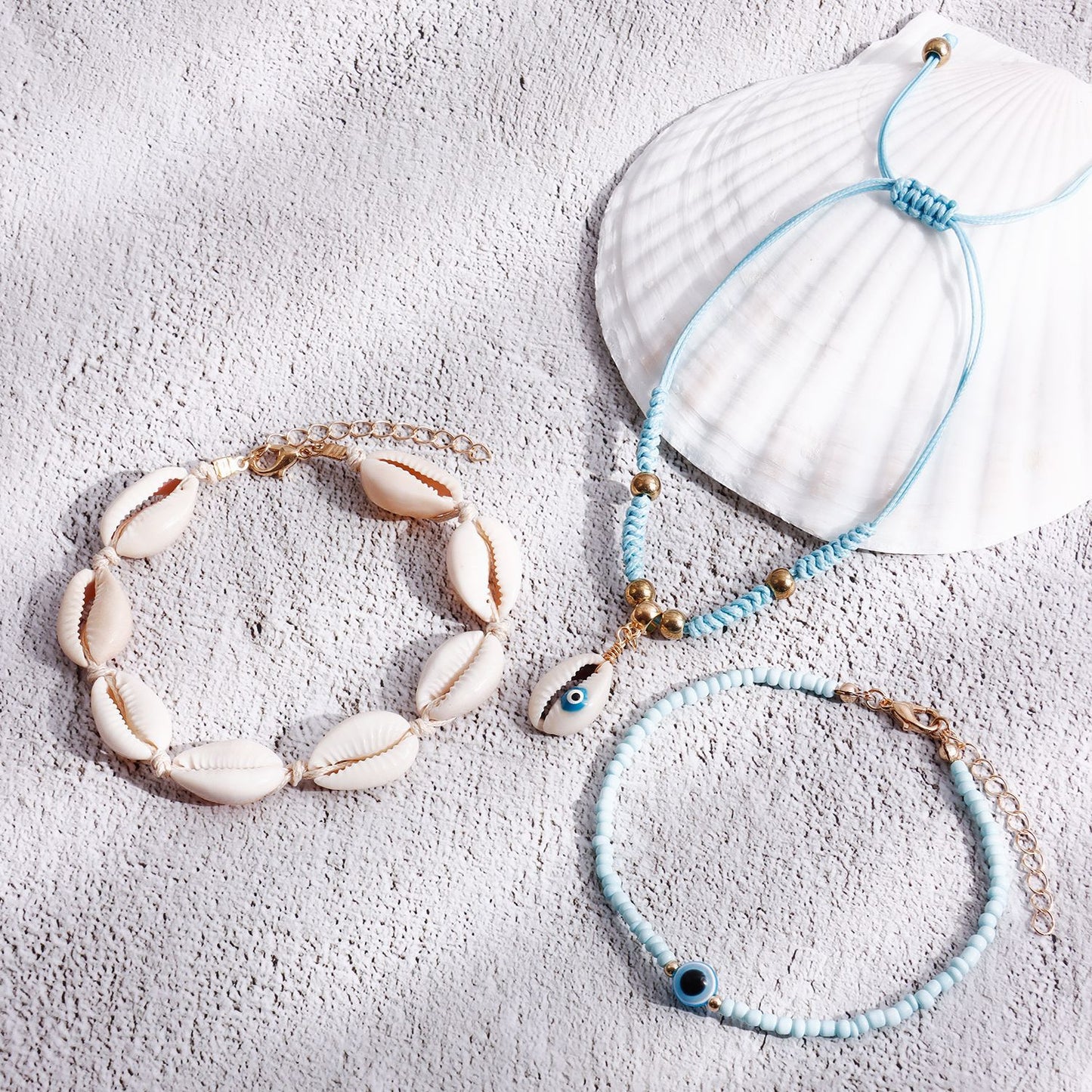 Bohemian Handwoven Shell and Seed Bead Anklet Set for Women Geometric Style Alloy Anklets for Beach Summer Wear