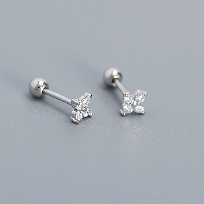 Orecchino a perno filettato da donna minimalista in argento sterling 925 con intarsi floreali e zirconi cubici