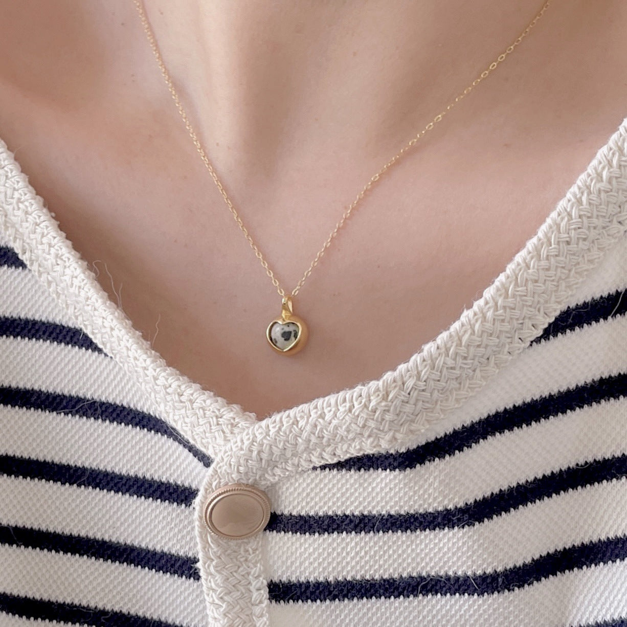 Minimalist Heart-Shaped 925 Sterling Silver Zebra Stone Pendant Necklace with Snake Chain, Plated Finish