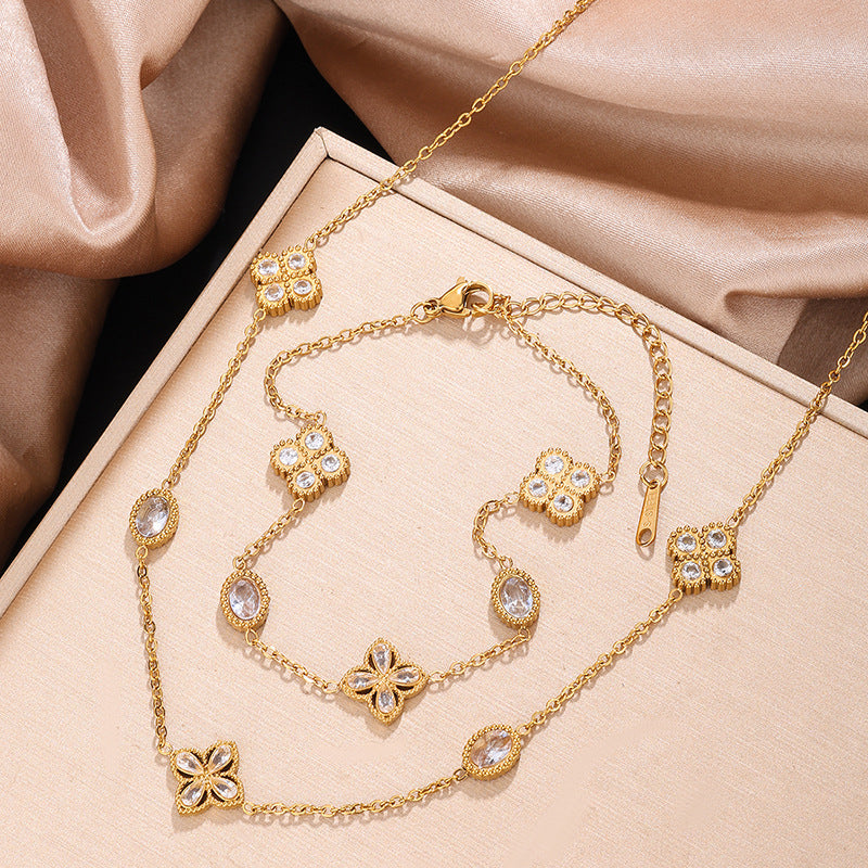 Set collana e bracciale da donna minimalista elegante placcato oro 18K in acciaio inossidabile con strass, motivo floreale geometrico rotondo e quadrato