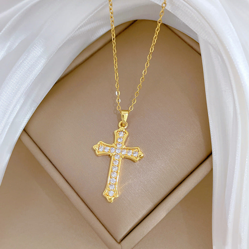 Sweet Elegant Cross Cubic Zirconia Titanium Steel Necklace for Unisex