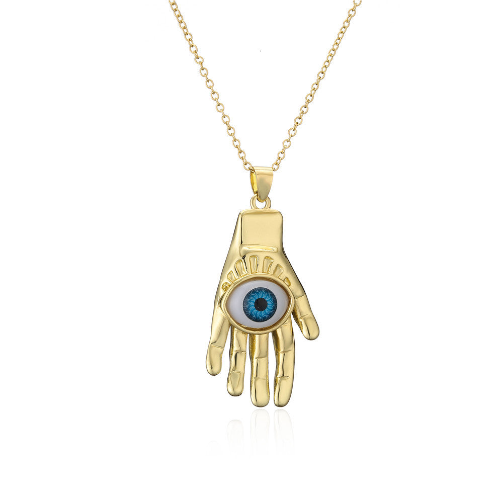 Punk Hip-hop Streetwear 18K Gold Plated Geometric Inlay Cubic Zirconia Eye Pendant Necklace with Cable Chain