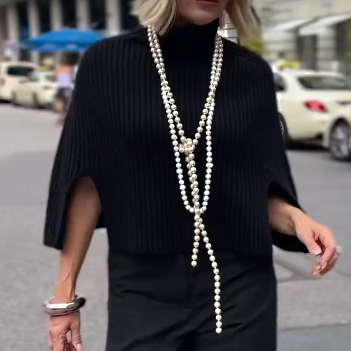 Layered Long Sweater Necklace for Women with Imitation Pearl Beads Geometric Pendant Tassel Detail Handmade Knotting Design