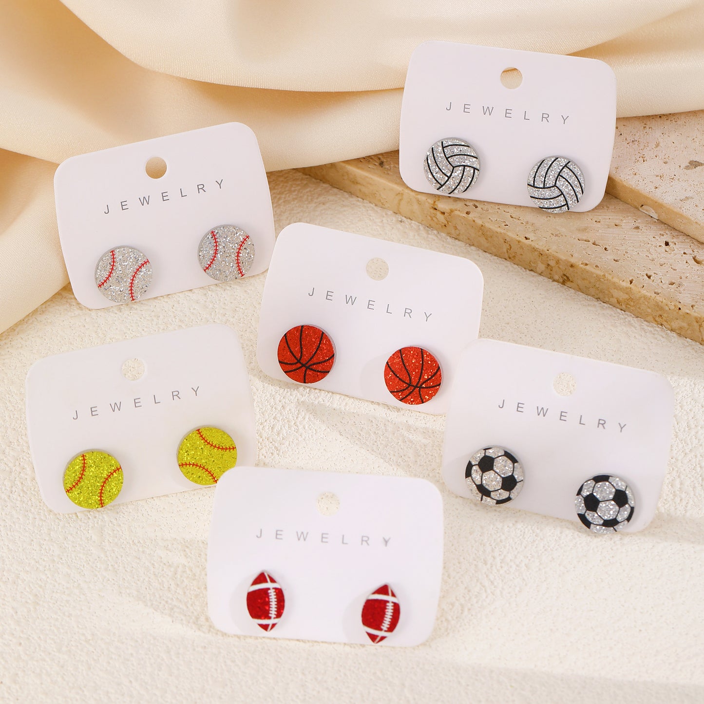 Vintage Acrylic Heart Stud Earrings with Sports Ball Print for Women