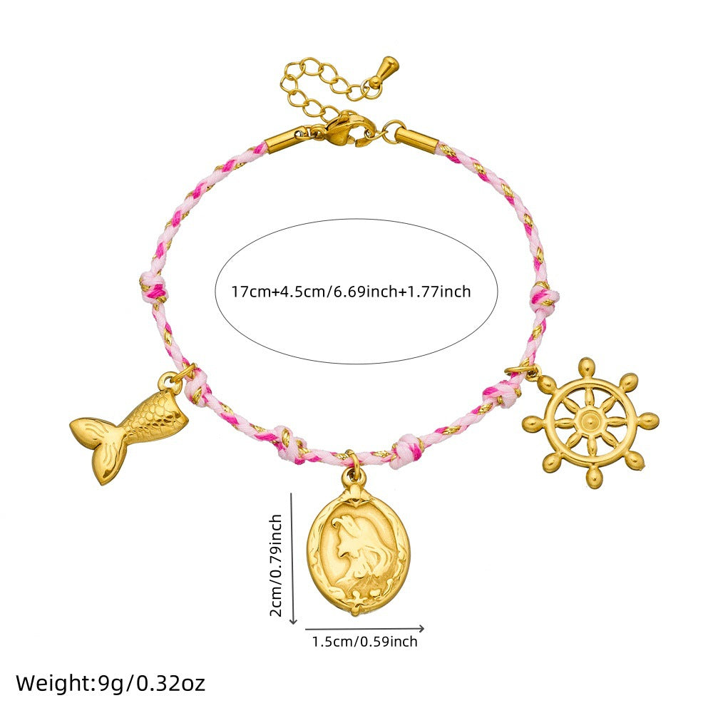 Sweet Gold Plated Oval Cartoon Charm Bar Stainless Steel Bracelet