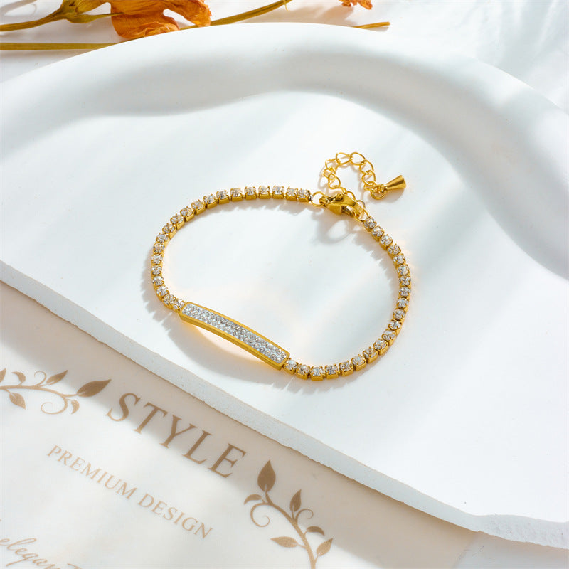 Minimalist Titanium Steel Bracelet with Rhinestone Inlay and Linear Design for Women
