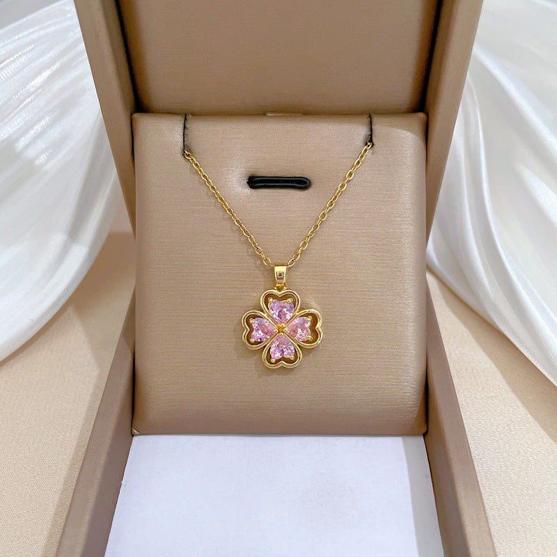 Minimalist Clover Pendant Necklace for Women and Men in Titanium Steel with Gold Plating and Rhinestone Inlay on O-Chain