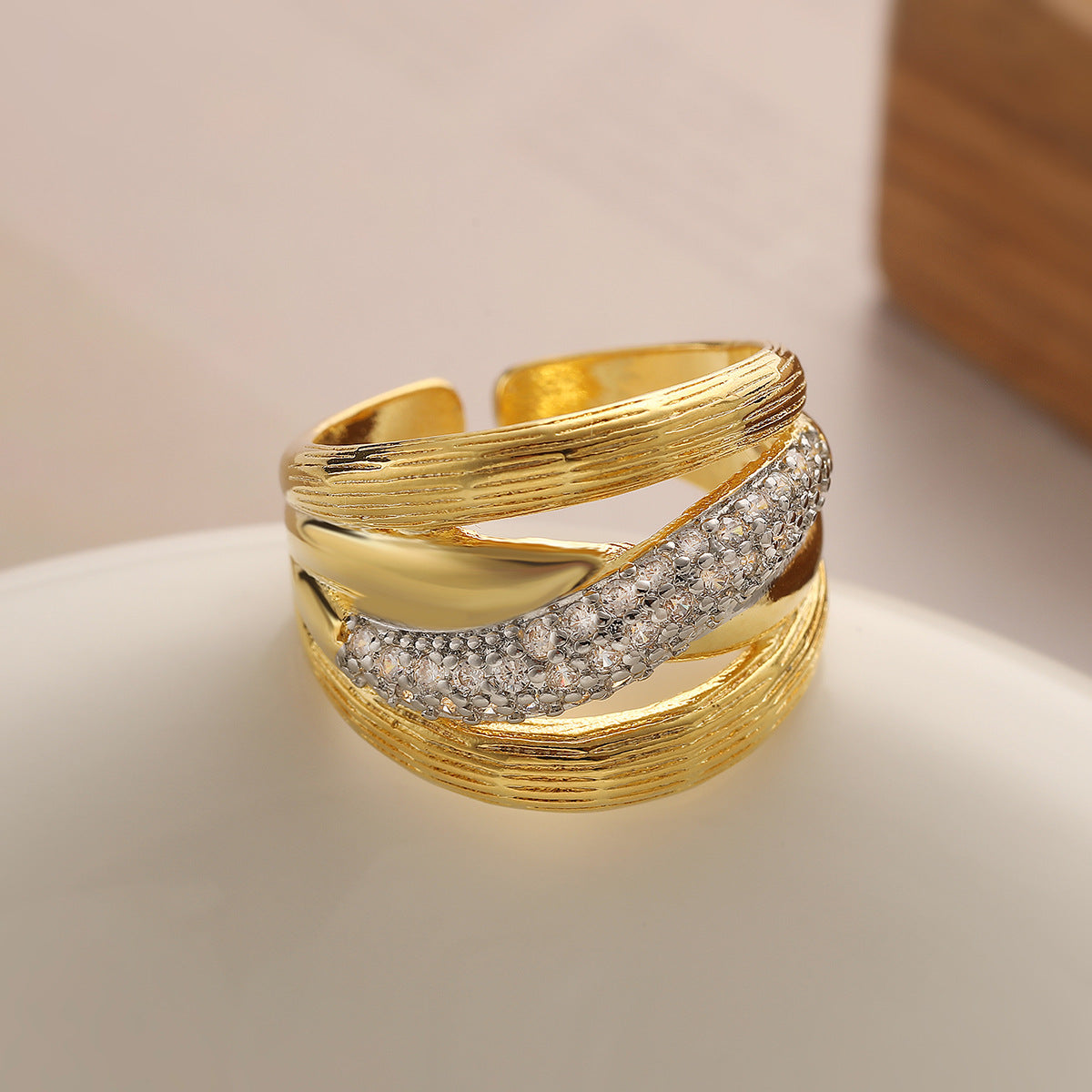 Two-Tone Plated Geometric Open Ring with Cubic Zirconia for Women