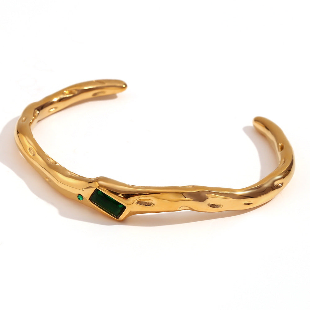 Minimalist Irregular Rectangular Stainless Steel Bracelet with 18K Gold Plating and Zircon Inlay
