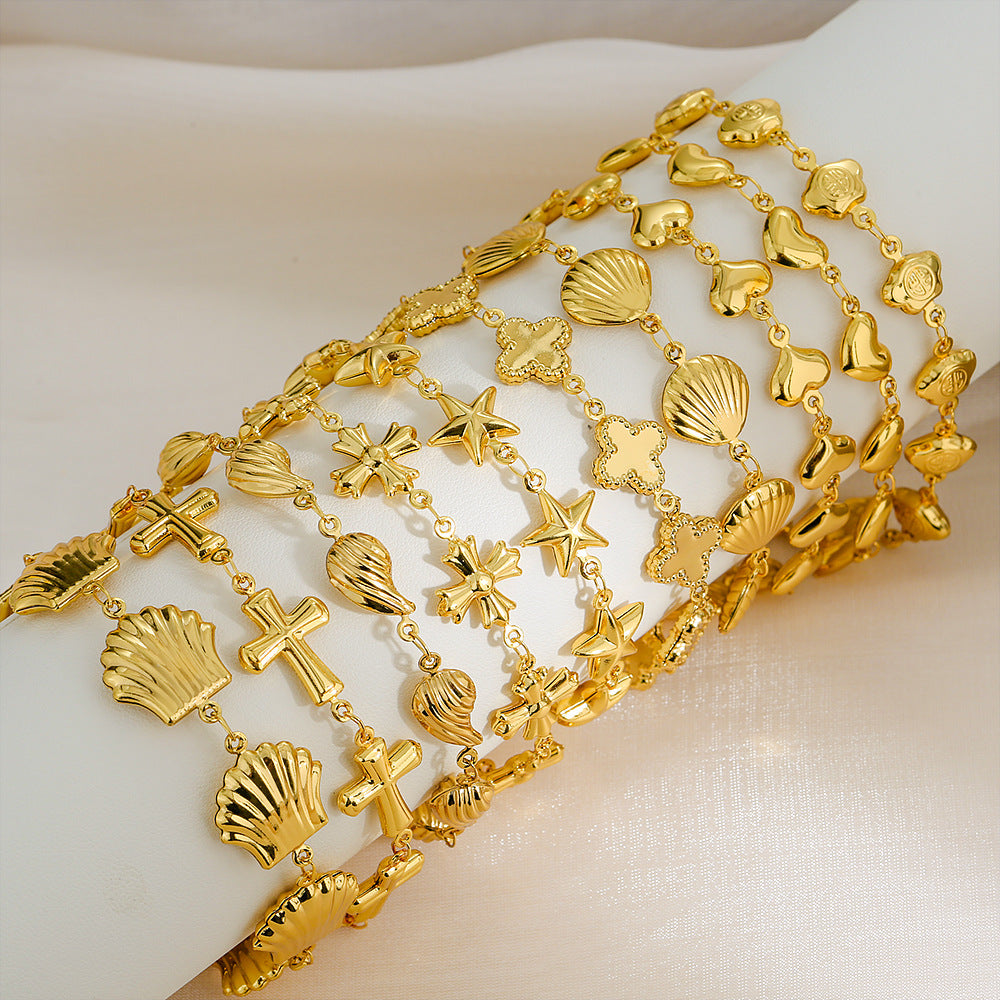 Bracciale a goccia in acciaio inossidabile cavo con conchiglia hip hop, forma a cuore geometrica a goccia d'acqua e accento a croce placcato oro