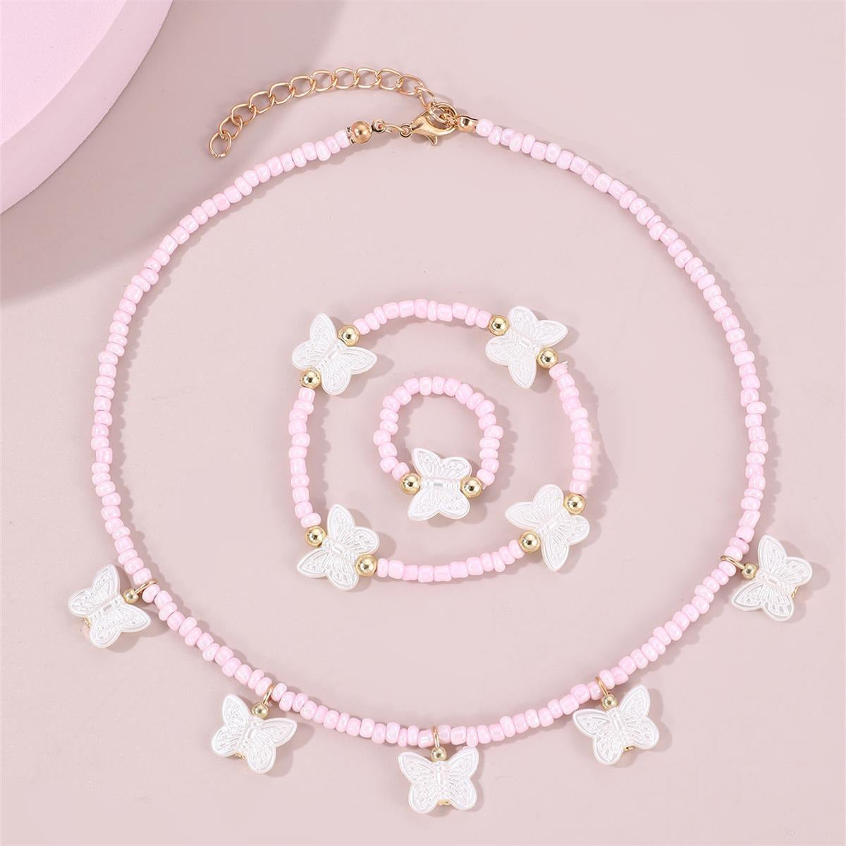 Cute Butterfly Pendant Necklace Set with Glass Beads for Kids, Handmade Round Bead Chain, Minimalist Summer Jewelry for Girls Aged 3-10