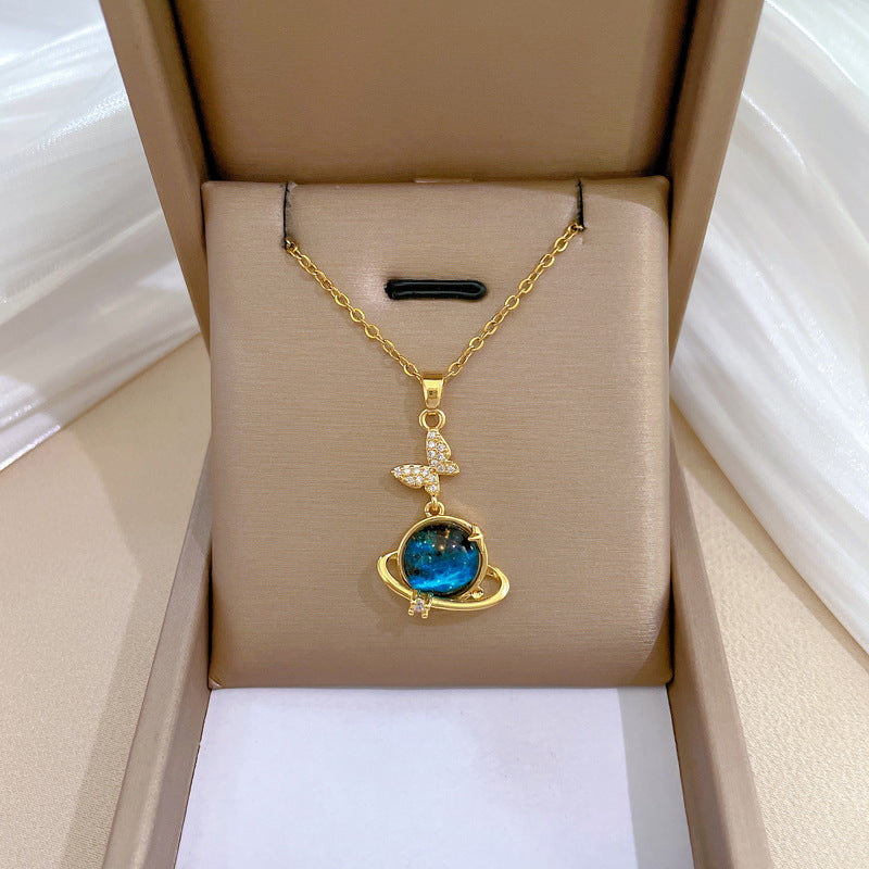 Butterfly Starry Sky Luxury Titanium Steel Necklace for Women and Men with Rhinestone Inlay Geometric Pendant