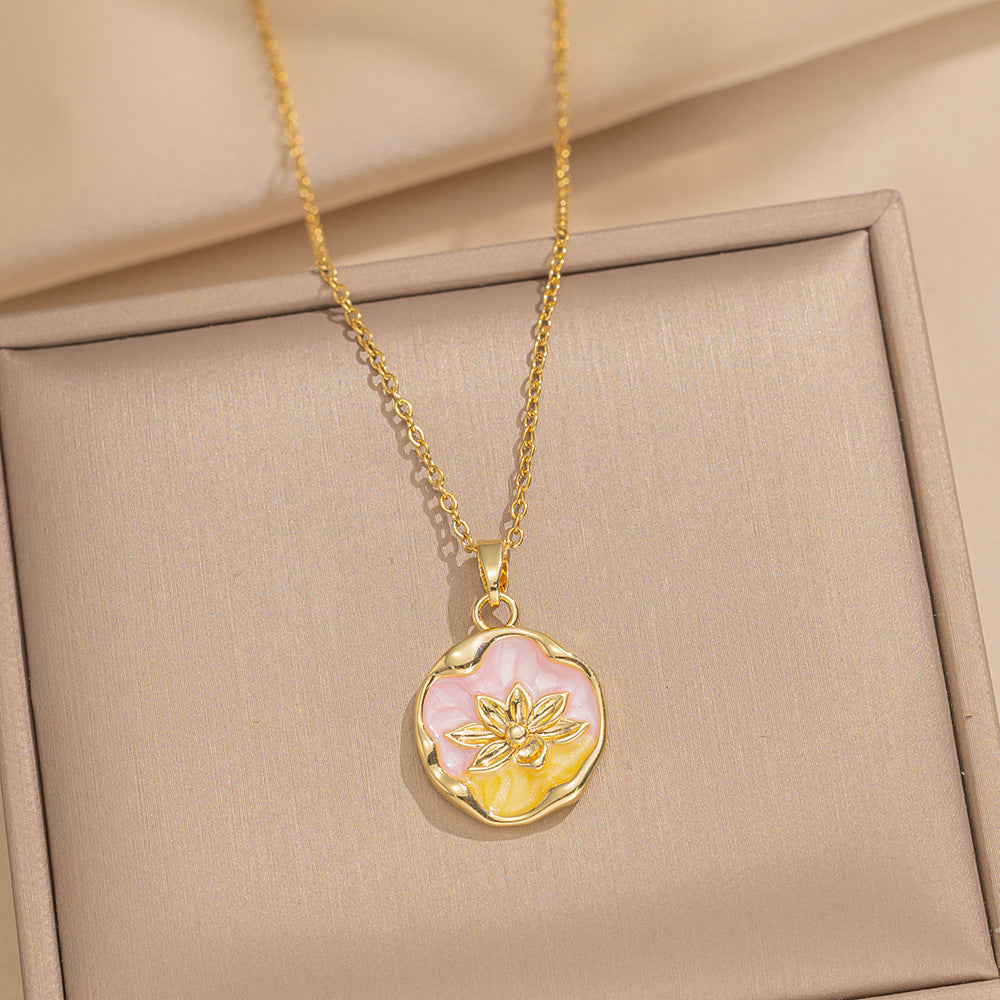 Baroque Style Leaf-Shaped Titanium Steel Necklace with Tulip Floral Motif, Vacuum-Plated for Hypoallergenic Wear, O-Chain Design