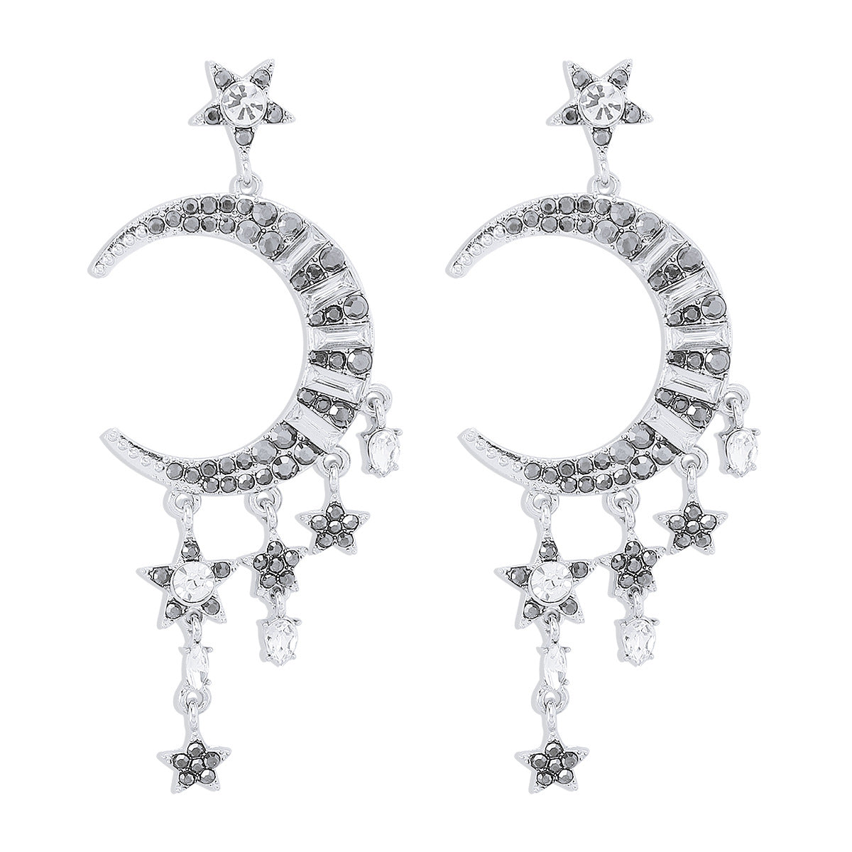 Pendientes de mujer con colgante geométrico de luna y estrella, dulces y atrevidos, con base de aleación e incrustaciones de diamantes de imitación, acabado chapado y diseño de borla larga