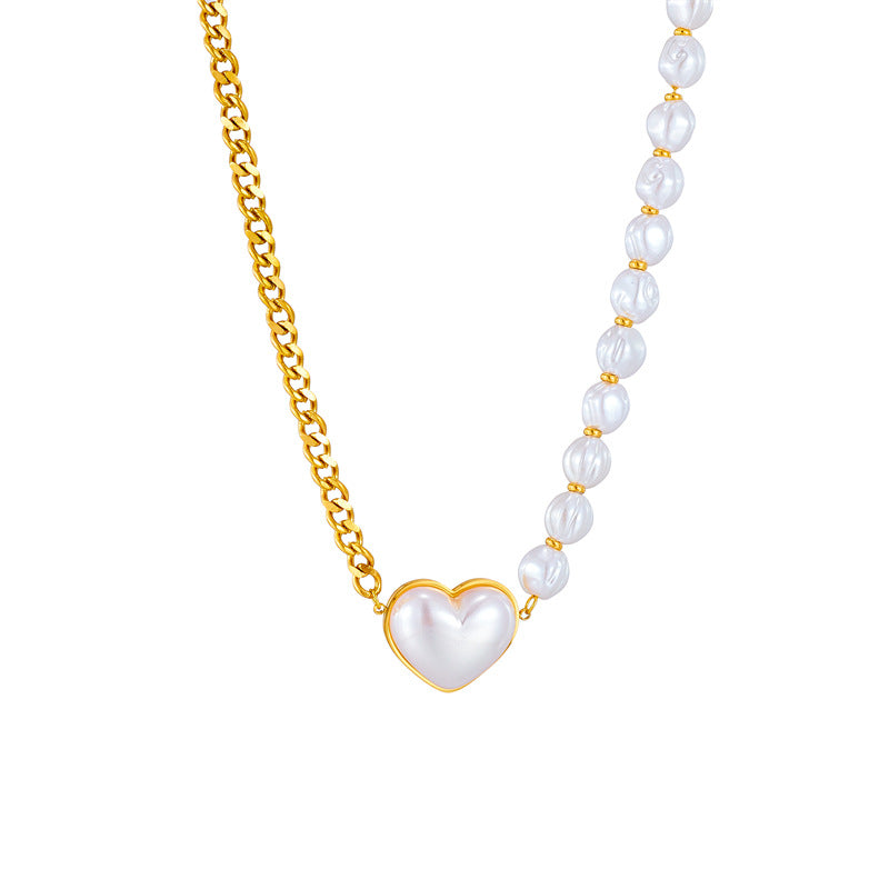 Punk Style Heart-Shaped Titanium Steel Plated Necklace with Pearl-Like Beads and Geometric Chain