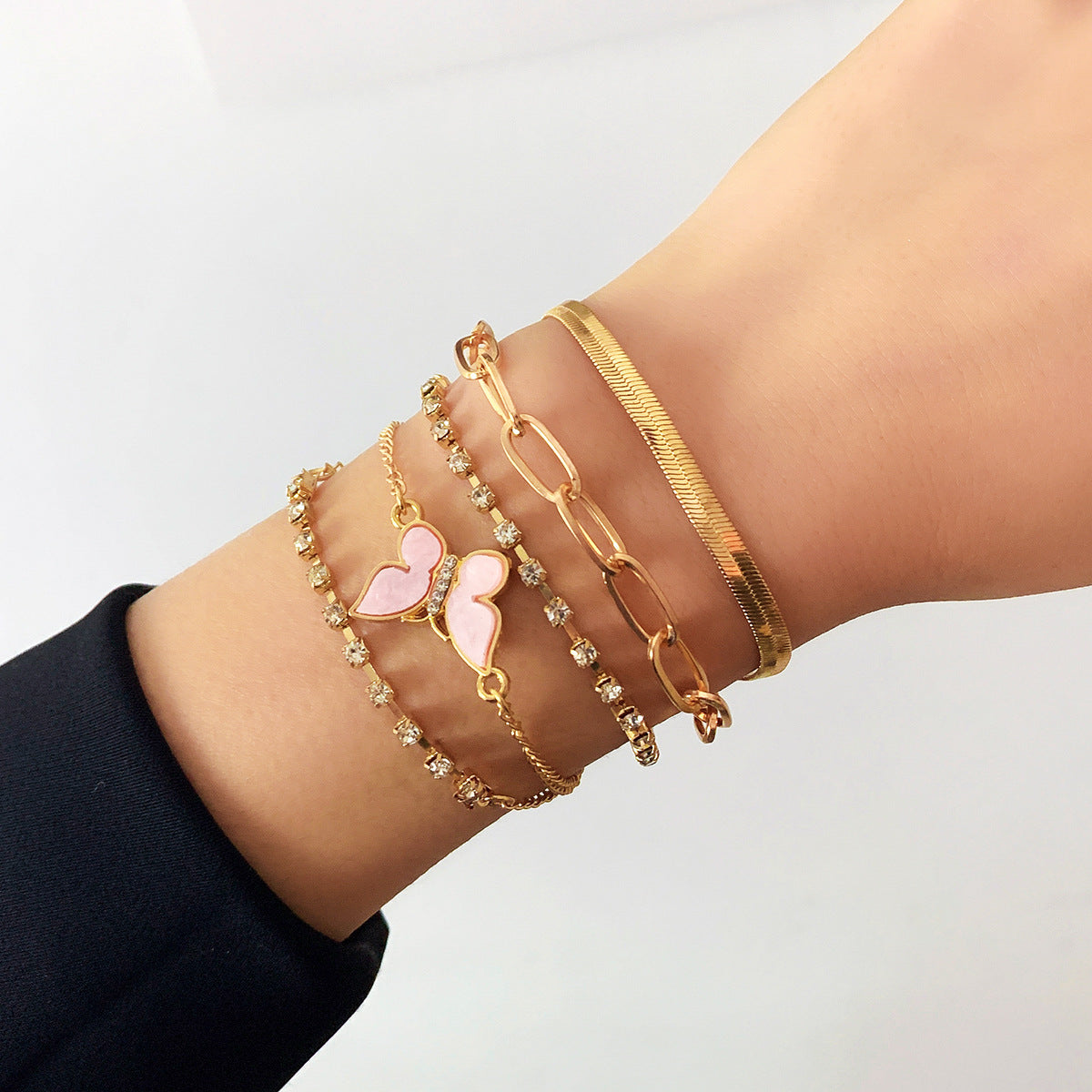 Punk Rhinestone Butterfly Snake Chain Bracelet Set Alloy Plated Jewelry for Women