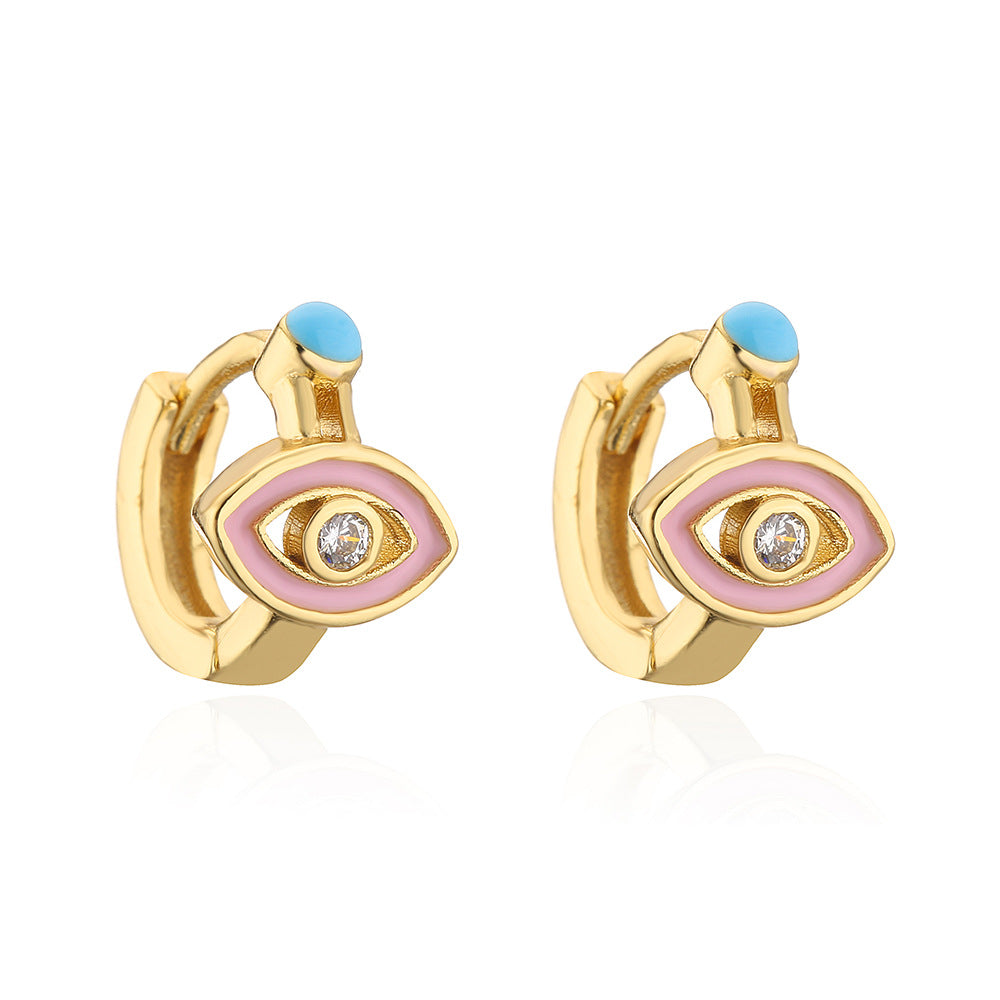 Minimalist Geometric Copper Earrings with 18K Gold Plating and Enamel-Finished Zirconia Eye Accents for Women